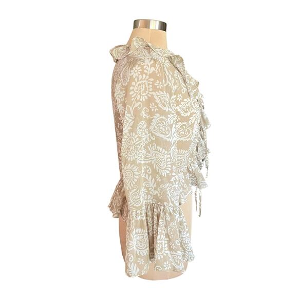 Love Is For Eternity Tan White Paisley Ruffled Tie Front Top MEDIUM Fairy Boho - Picture 3 of 8
